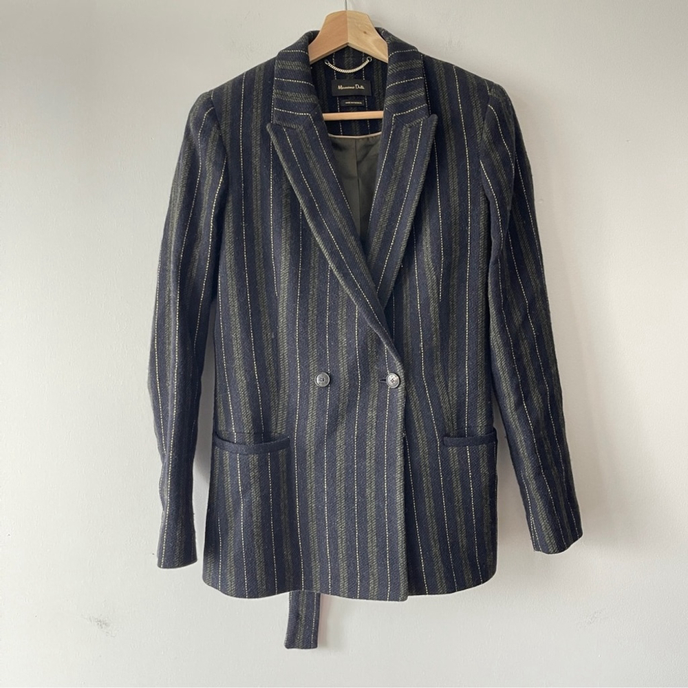 Massimo Dutti Striped Double-Breasted Blazer wool navy green office waist tie 6